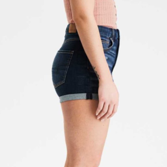 American Eagle Curvy Hi-Rise Shortie Denim Shorts Size 8 Dark Indigo Distressed - Picture 4 of 8